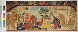 Ein fein gearbeiteter Nadelarbeit-Sofasitz, der die Anbetung der Könige darstellt, ca. 1730 von English School