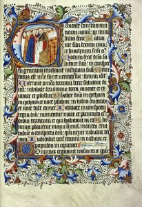 Eine Seite aus einem Psalter auf Latein mit einer Initiale, die eine Gruppe von Mönchen vor einem Lesepult zeigt, ca. 1455 von English School