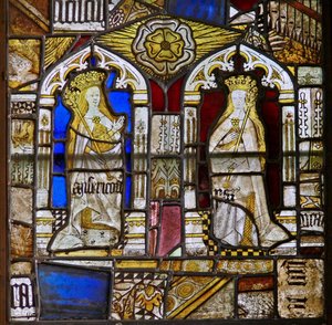 Die Kardinaltugenden: Barmherzigkeit (Misericordia) und Frieden (Pax) und eine weiße Rose von English School