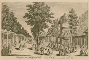 Eine perspektivische Ansicht des Grand Walk in den Vauxhall-Gärten, London, und des Orchesters von English School