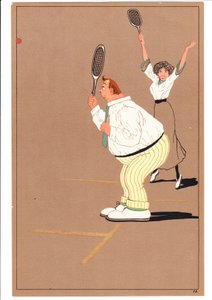 Ein Druck von zwei Tennisspielern in komischen und humorvollen Posen, ca. 1920 von English School