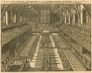 Einblick in die Westminster Hall, wie der König und die Königin mit dem Adel und anderen am Krönungstag zu Tisch saßen von English School