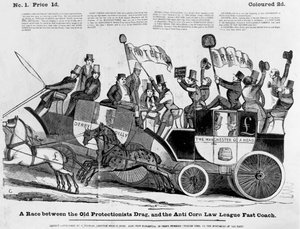 Ein Rennen zwischen dem alten Protectionist Drag und dem Anti Corn Law League Fast Coach von English School