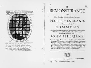 Eine Ermahnung der Levellers an das Unterhaus bezüglich der Inhaftierung ihres Anführers John Lilburne (ca. 1614-57), veröffentlicht 1646 von English School