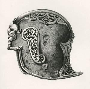 Ein Sallet, auch bekannt als Salade oder Schaller-Kriegshelm, ca. 1450 n. Chr., aus The British Army: Its Origins, Progress and Equipment, veröffentlicht 1868.