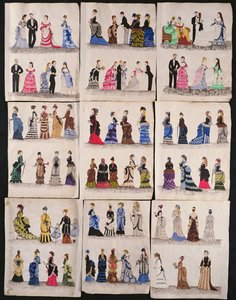 Eine Auswahl viktorianischer Mode einschließlich Ball- und Spazierkleider, um 1876 von English School