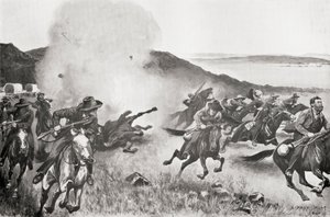 Eine Granate der Marinebrigade vertreibt Buren hinter den Sieben Schwestern Kojes während der Aktion am 7. März von English School
