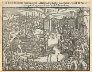 Eine Tafel, die das Verbrennen von Bischof Ridley und Vater Latimer in Oxford beschreibt von English School