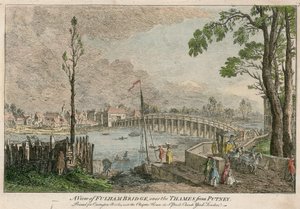 Eine Ansicht der Fulham-Brücke, London, über die Themse von Putney von English School