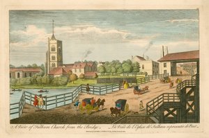 Ansicht der Fulham Church von der Brücke
