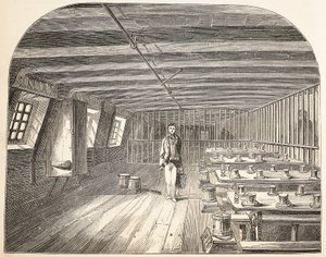 Ein Saal an Bord der Defence-Hulk, vorbereitet für die Rückkehr der Gefangenen zum Abendessen, Illustration aus The Criminal Prisons of London and Scenes from Prison Life von Henry Mayhew und John Binny, veröffentlicht 1862