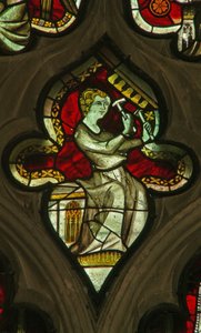 Ein Fenster in der Marienkapelle, Darstellung eines musizierenden Engels mit Glocken von English School
