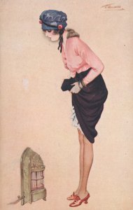 Eine Frau hebt ihren Rock, um ihre Beine an einem kleinen Heizgerät zu wärmen von English School