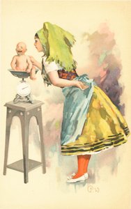 Eine Frau wiegt ein weinendes Baby auf einer Waage von English School
