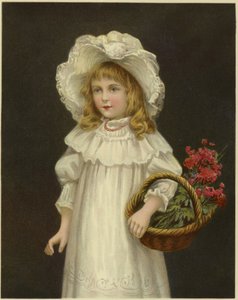 Ein junges Mädchen in Weiß hält einen Korb mit roten Blumen von English School