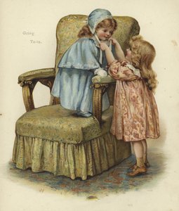 Ein junges Mädchen steht auf dem Kissen eines Sessels von English School