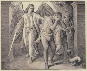 Adam und Eva werden aus dem Garten Eden vertrieben (Gravur) von English School