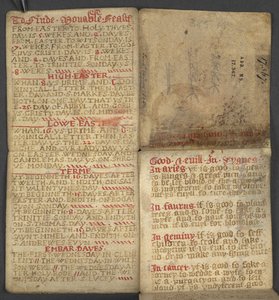 Aus dem Almanach, enthält Tabelle der dominikalen Buchstaben und goldenen Zahlen; Anweisungen zur Bestimmung der beweglichen Feste; Kalender der Heiligen, Epochen, Liste der englischen Herrscher, Wettervorhersagen, Einfluss der Tierkreiszeichen von English School