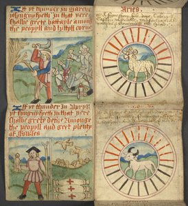 Aries & Taurus, aus Almanach, enthält Tabelle der Sonntagsbuchstaben und goldenen Zahlen; Anweisungen zur Bestimmung der beweglichen Feste; Kalender der Heiligen, Epochen, Liste der englischen Herrscher, Wetterprognosen, Einfluss der Tierkreiszeichen von English School