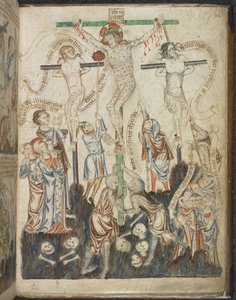 Add. 47682, f.32, Die Kreuzigung, aus Holkham Bible Picture Book, ca. 1320-30