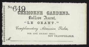 Eintrittskarte für den Aufstieg des Ballons Le Géant aus den Cremorne Gardens, London von English School