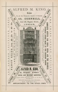 Werbung für Alfred M Kino, Schneider, 40 Cornhill und 87 Regent Street, London von English School