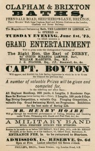 Werbung für Clapham und Brixton Baths, Ferndale Road, Shepherds Lane, Brixton, London; mit Captain Boyton von English School