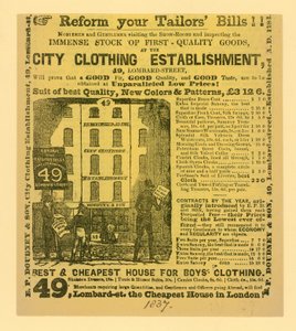 Werbung für Doudney & Son, City Clothing Establishment, 49 Lombard Street, London von English School