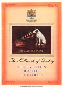 Werbung für His Masters Voice, Illustration aus dem Katalog der South Bank Exhibition, Festival of Britain, London, 1951 von English School