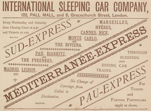 Anzeige für die International Sleeping Car Company, 122 Pall Mall und 5 Graceshurch Street, 1888 von English School
