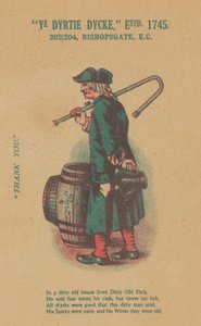 Werbung für Ye Dyrtie Dycke (Dirty Dick), 202-204 Bishopsgate, London von English School