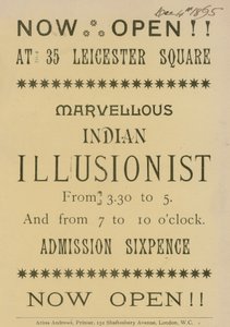 Werbung für einen indischen Illusionisten, der in 35 Leicester Square, London, auftritt von English School