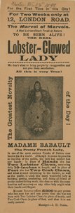 Anzeige für einen Auftritt von Madame Babault, der Hummerklauen-Dame von English School