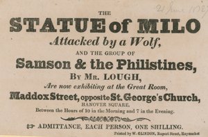 Anzeige für eine Ausstellung der Statue von Milo, angegriffen von einem Wolf von English School
