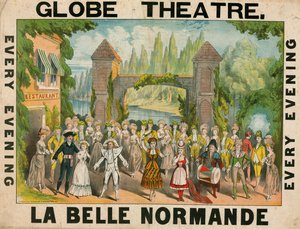Anzeige für das Globe Theater, London, für La Belle Normande von English School