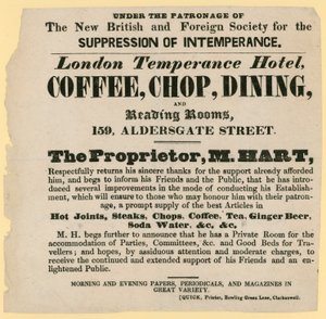 Anzeige für das London Temperance Hotel, unter der Schirmherrschaft der New British and Foreign Society for the Suppression of Intemperance von English School