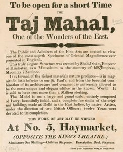 Werbung für die Ausstellung eines Modells des Taj Mahal im Haymarket 5, London von English School