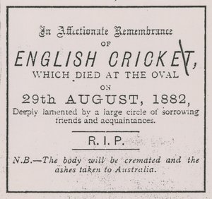 Anzeige aus dem Sporting Times im August 1882, die das Konzept der The Ashes einführte von English School