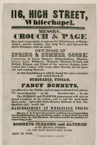 Werbung für Crouch und Page, 116 High Street, Whitechapel von English School