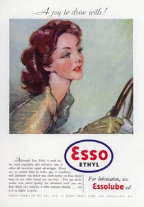 Werbung für Esso Ethyl Öl, zeigt eine glamouröse Frau beim Fahren, 1937 von English School