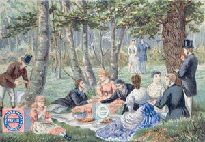 Werbung für Imperial Ceylon Biscuits von Huntley & Palmer, die ein Picknick im Epping Forest zeigt
