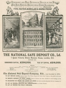 Werbung für die National Safe Deposit Company, 1 Queen Victoria Street, Mansion House, London von English School