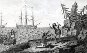 Ergreifendes Treffen von zwei Mokito-Männern, Illustration aus Moores Reisen und Reisen, 1778 von English School