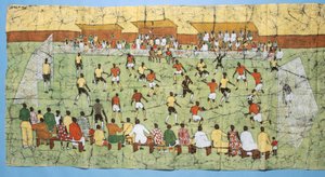 Afrikanisches Batik, das ein Fußballspiel mit Zuschauern auf den Tribünen darstellt von English School