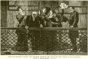 Nach dem Sieg von Midlothian: Mr. Gladstone spricht die Menge vom Balkon des Hauses von Lord Rosebery in der George Street an