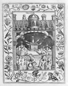 Alchemisches Labor, das verschiedene Formen von Öfen und Gefäßen zeigt, aus Theatrum Chemicum Britannicum von Elias Ashmole, 1652 von English School