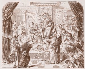 Allegorisches Bild von Heinrich VIII., der auf Papst Clemens tritt, aus einem alten Druck im British Museum von English School