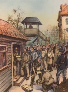 Alliierte Kriegsgefangene erhalten Pakete vom Roten Kreuz in einem deutschen Kriegsgefangenenlager, Zweiter Weltkrieg von English School