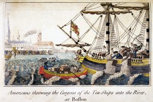 Amerikaner werfen die Ladungen der Teeschiffe in den Fluss, in Boston, aus Geschichte Nordamerikas, veröffentlicht in London von English School