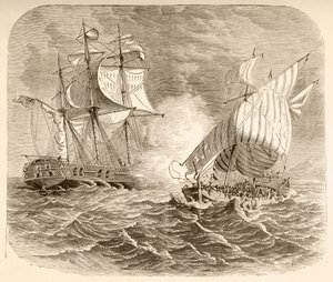 Ein amerikanisches Marineschiff erobert ein algerisches Piratenschiff vor der Barbareskenküste während des Ersten Barbareskenkriegs (Lithografie) von English School